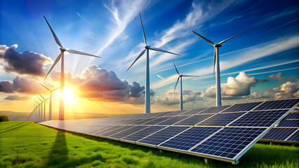 Renewable energy concept with solar panels and wind turbines , solar energy, wind power, sustainable, green