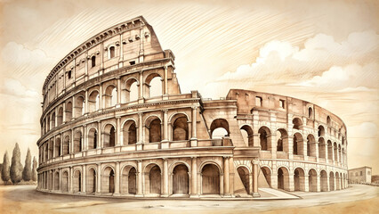 Naklejka premium Pencil sketch of the iconic Colosseum in Rome, Italy, Colosseum, Rome, Italy, architecture, landmark, historical, ancient