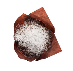 Delicious sweet muffin with powdered sugar isolated on white, top view