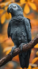 Obraz premium African grey parrot perched on branch in autumn