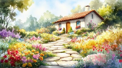 Charming cottage surrounded by a vibrant flower garden and lush greenery.