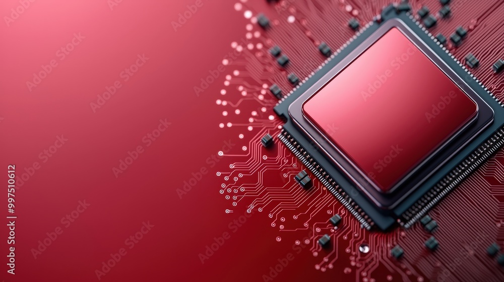 Poster Red Circuit Board with Central Processing Unit  CPU  Chip