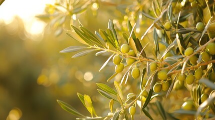 Obraz premium A close-up of olive branches with ripe olives ready for picking, set against a sunny Mediterranean landscape