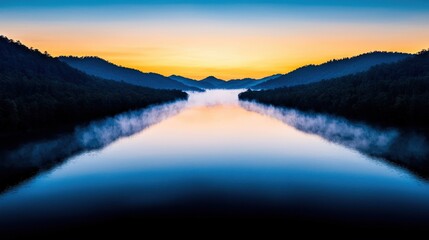 Fototapeta premium Serene Lake Sunrise with Mist and Mountain Reflections