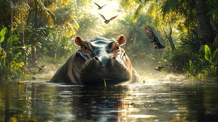 Fototapeta premium A dwarf hippo playing in the water as birds fly overhead in a tropical forest setting