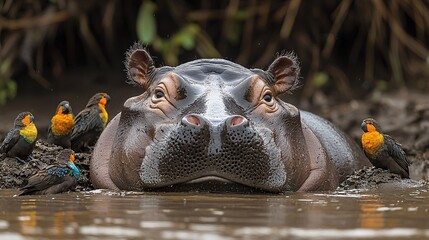 Fototapeta premium A dwarf hippo resting on the banks of a river with colorful birds perched nearby
