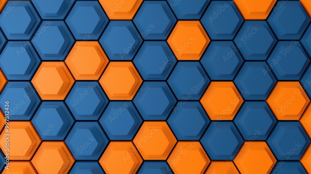 Poster colorful hexagonal pattern in orange and blue, ideal for backgrounds.