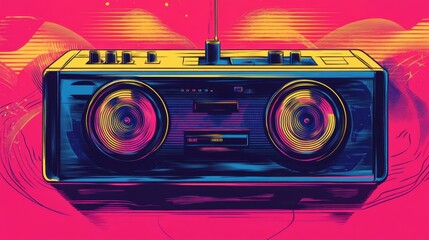 Fototapeta premium Colorful vintage boombox on a vibrant pink background.