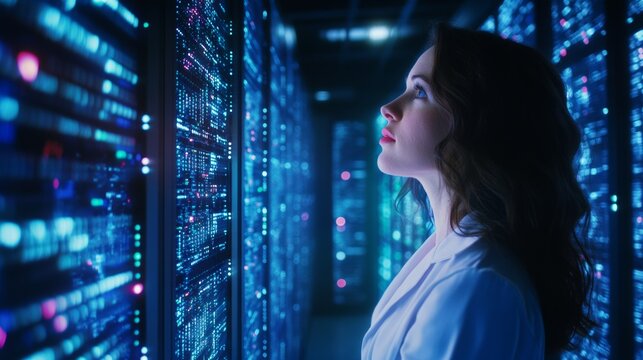 Determined Woman in Lab Surrounded by Data Servers
