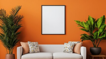 Modern Living Room Interior with Orange Wall  Sofa  and Plants