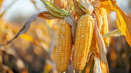A close-up of ripe corn cobs hanging on the stalks, ready for harvest