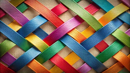 A vibrant and intricate woven pattern of colorful leather straps, creating a mesmerizing tapestry of textures and hues.