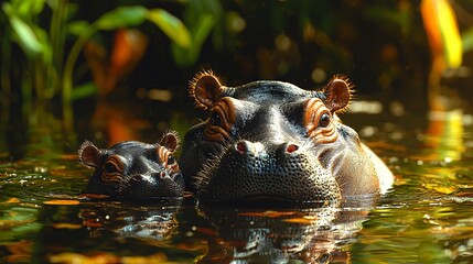 Fototapeta premium A baby dwarf hippo nuzzling against its mother in a calm pond, framed by tropical plants