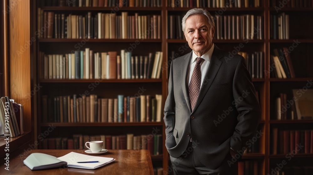 Fototapete a distinguished professor poses confidently by a bookshelf filled with books, representing knowledge