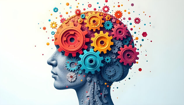 A Human Head Made of Gears with Colorful Cogs and Dots