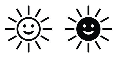Smiling sun vector icon set. Happy cartoon sun. Funny face. Black silhouette isolated on white background.