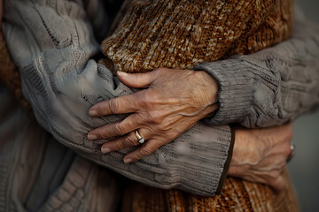 An elderly couple embraces, their hands showing years of love and experience, adorned with a wedding ring, reflecting deep connection.