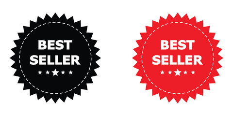 Black and red best seller badge vector icon set. Bestseller stamp symbol. Starburst promo sticker with star edge. Special offer promotion template element.