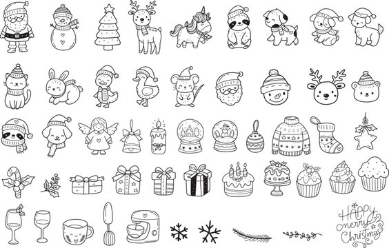 PrintCute Christmas element cartoon bundle outline,hand drawn, for Christmas ,kids,baby animal characters, card.vector illustration