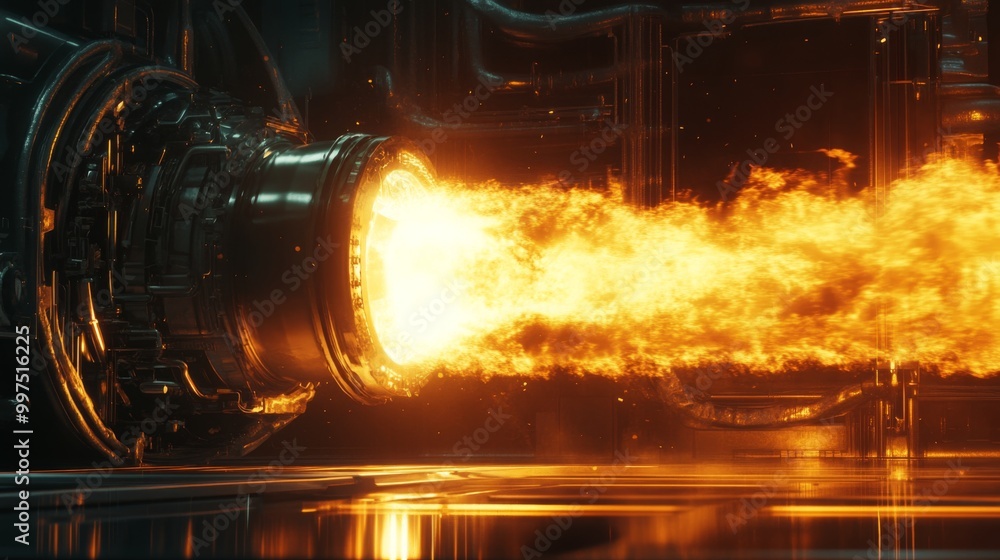 Aufkleber The advanced turbine engine emits a powerful jet of flame, showcasing its intense energy output and engineering design. The setting highlights the futuristic technology in a testing environment.