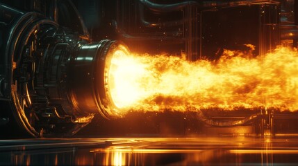The advanced turbine engine emits a powerful jet of flame, showcasing its intense energy output and engineering design. The setting highlights the futuristic technology in a testing environment.
