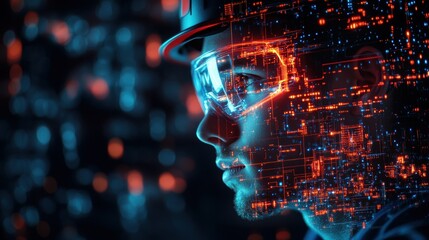 Innovative engineer wearing augmented reality glasses, illuminated technology background.