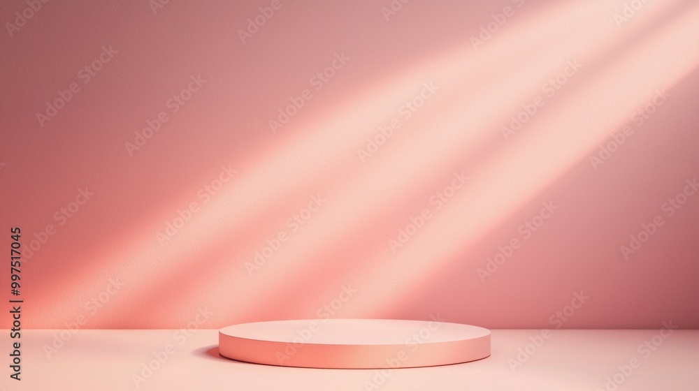 Poster minimalistic display podium with soft pink lighting and shadow effects.
