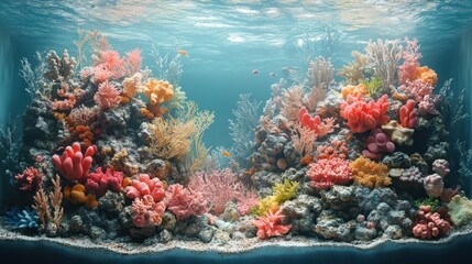 underwater landscape featuring colorful clay coral reefs teeming with marine life the serene blue hues create a tranquil backdrop highlighting the beauty and fragility of ocean ecosystems