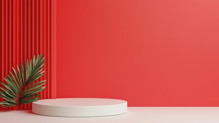 Modern display podium with red wall and green leaf, stylish presentation set.