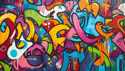 Obraz premium A wall filled with bold, colorful graffiti tags and street art, giving an edgy, urban feel full of energy
