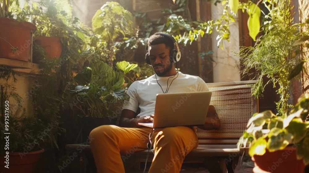 Poster a young man sits comfortably with headphones on, focused on his laptop while surrounded by vibrant g