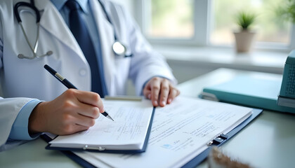 Fototapeta premium Close-up of a Doctor's Hand Writing on a Clipboard