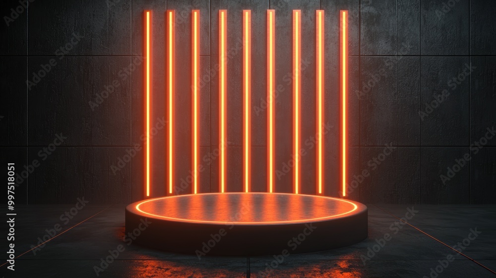 Poster neon light display with circular platform on dark textured background