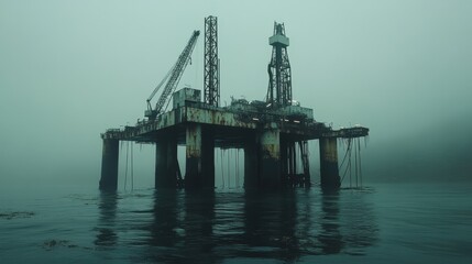 Obraz premium Offshore oil rig in foggy waters, industrial structure, moody atmosphere.