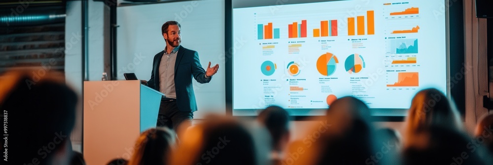 Leinwandbilder The expert confidently explains data points during a conference presentation, engaging the audience with vibrant visuals. Generative AI