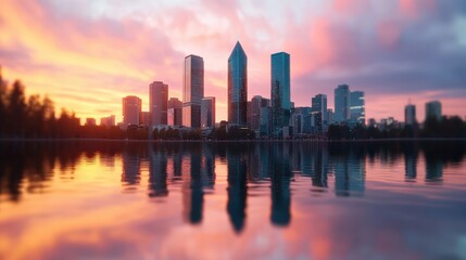 Fototapeta premium Cityscape Reflection at Sunset with Vibrant Colors and Calm Water