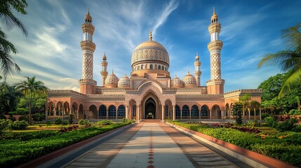 Fototapeta premium Majestic mosque with intricate architecture and gardens.