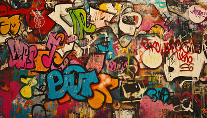 Obraz premium A wall filled with bold, colorful graffiti tags and street art, giving an edgy, urban feel full of energy