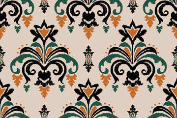 Ikat geometric folklore ornament. Oriental vector damask pattern. Ancient art of Arabesque. Tribal ethnic texture. Spanish motif on the carpet. Aztec style. Indian rug. Gypsy, Mexican embroidery.