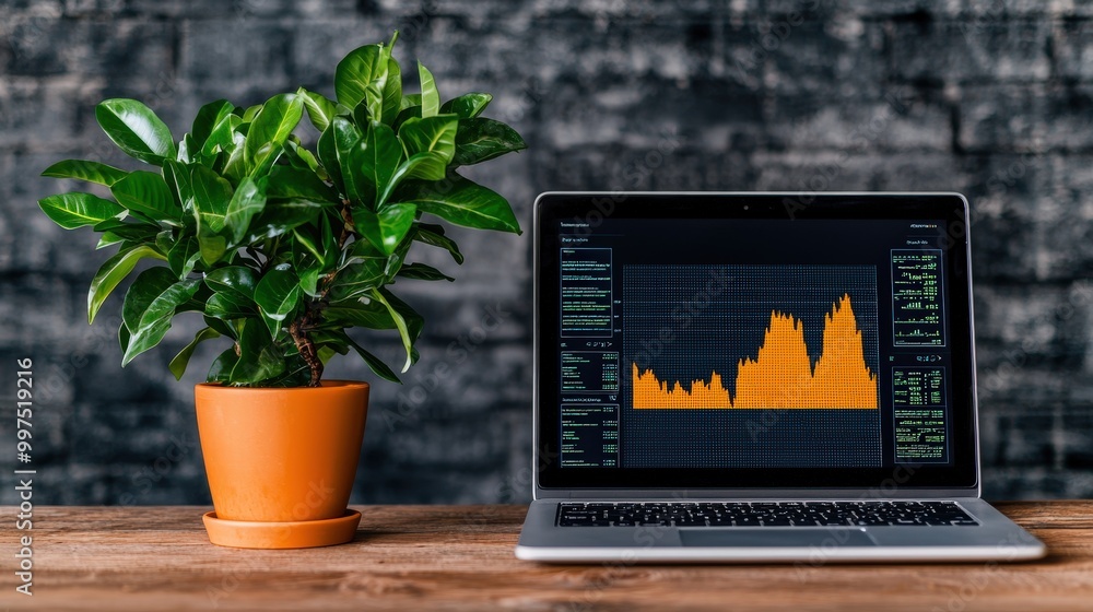 Poster laptop showing financial chart data analytics on desk in modern office setting