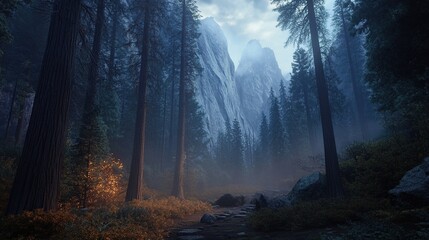 Fototapeta premium Misty forest landscape with towering mountains.