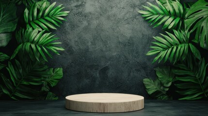Round wooden podium surrounded by lush green foliage against a textured dark background.