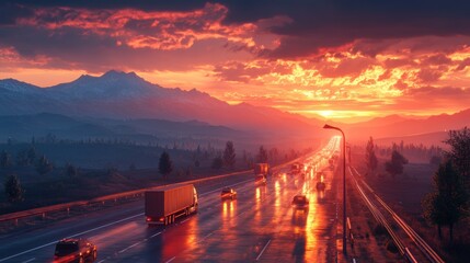 Fototapeta premium Scenic highway at sunset with cars and trucks on wet road, vibrant sky.