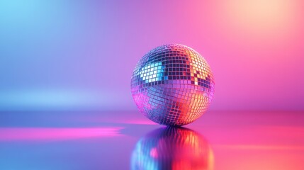 Shiny disco ball on a vibrant background with colorful lighting reflections.