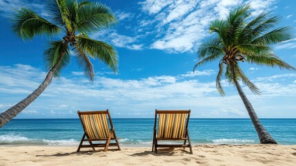 Relaxing beach scene with chairs and palm trees.