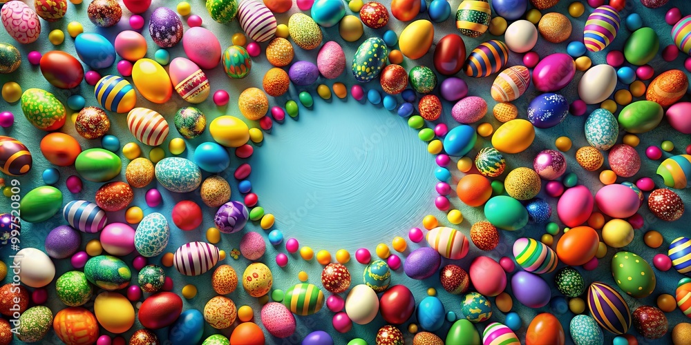 Wall mural a vibrant display of colorful easter eggs arranged in a circular pattern, creating a frame around a 