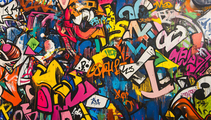 Obraz premium A wall filled with bold, colorful graffiti tags and street art, giving an edgy, urban feel full of energy