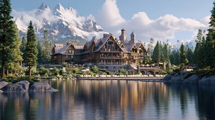 Scenic lodge by a lake with mountains in background.