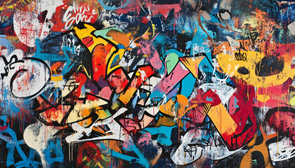 Fototapeta premium A wall filled with bold, colorful graffiti tags and street art, giving an edgy, urban feel full of energy