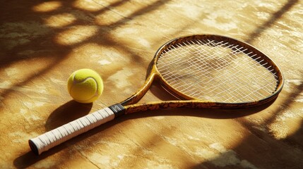 Tennis racket and ball on a textured surface with natural light.